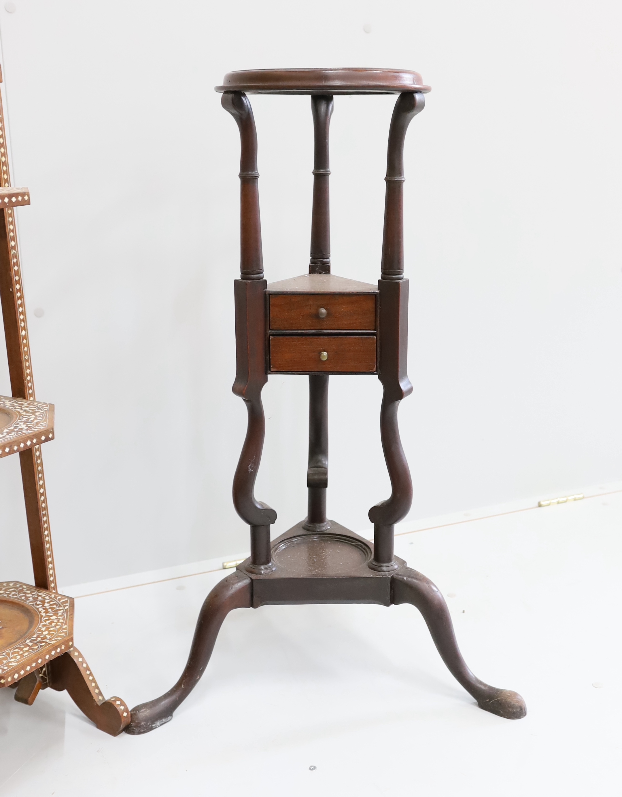 A George III style mahogany wash stand, together with an Indian bone inlaid three tier folding cake stand